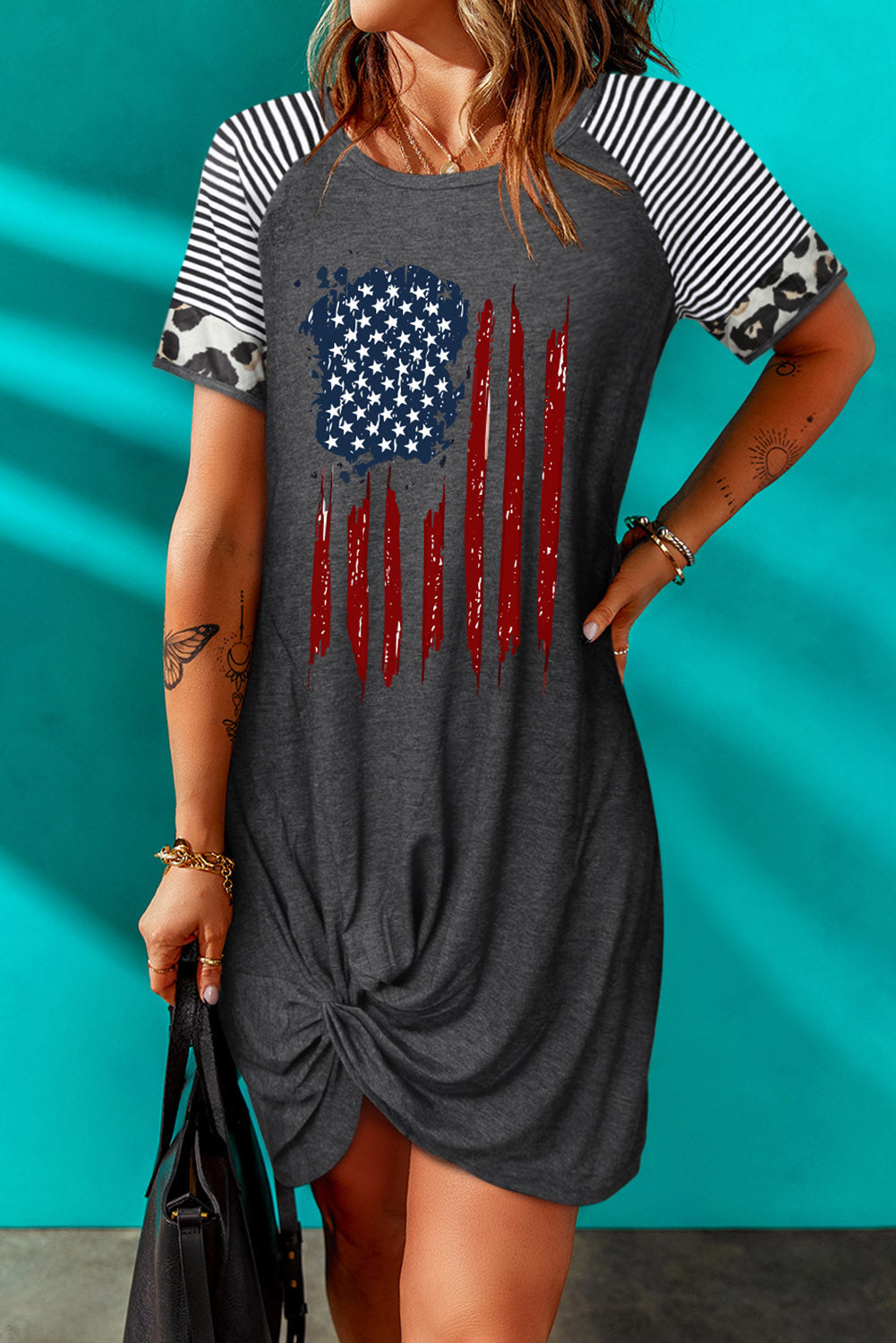 US Flag Graphic Twisted Raglan Sleeve Dress