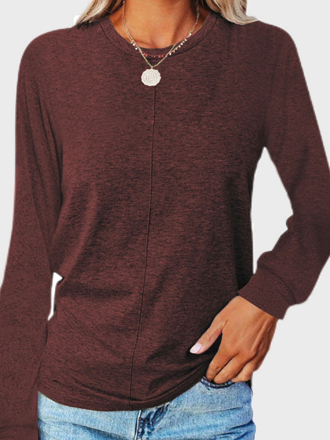 Full Size Round Neck Long Sleeve T-Shirt Burgundy