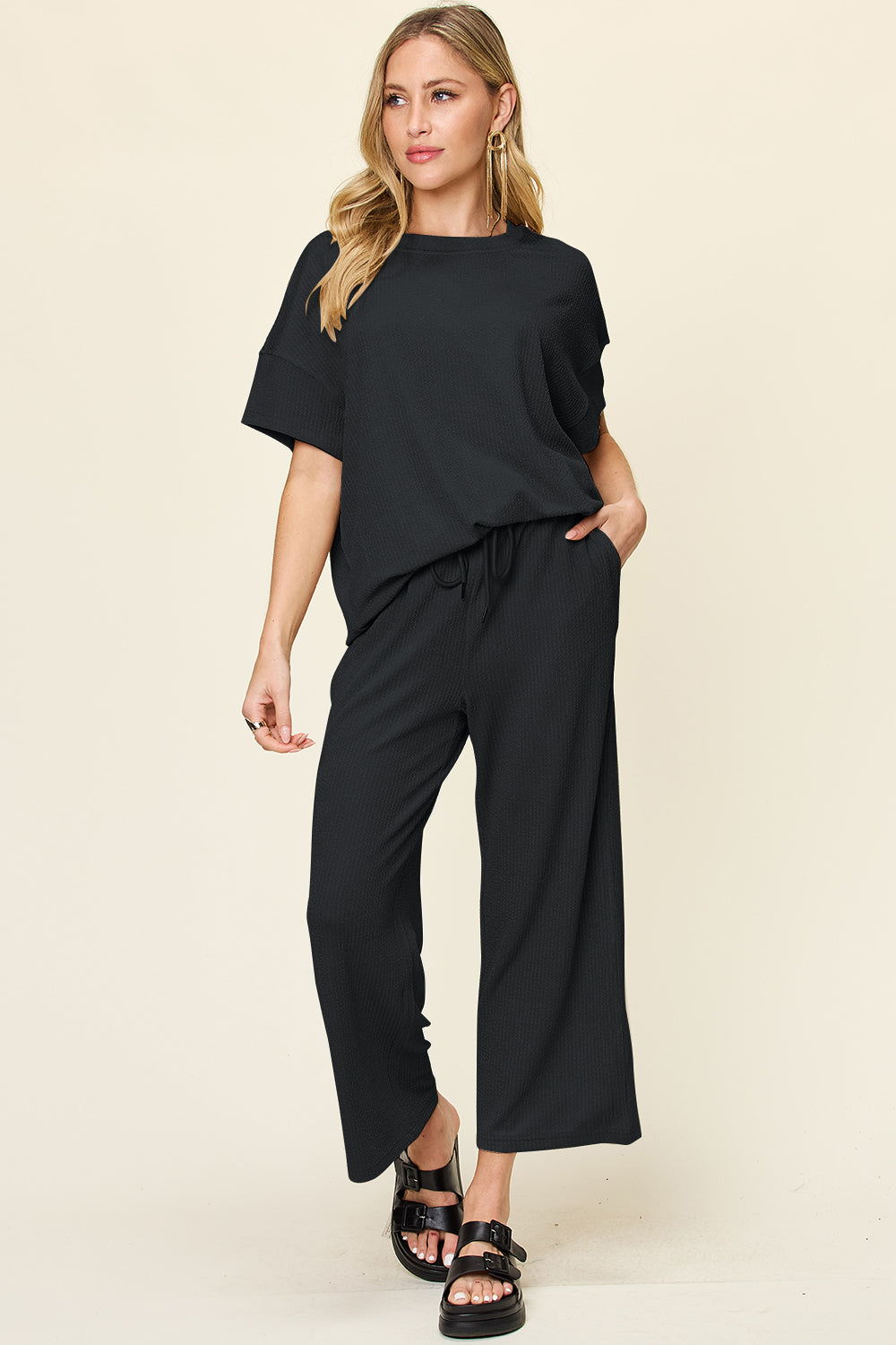 Textured Knit Top and Wide Leg Pant Set Black