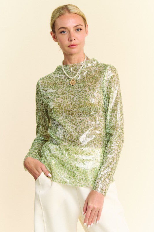 Davi & Dani Sequin Mock Neck Long Sleeve Mesh Top