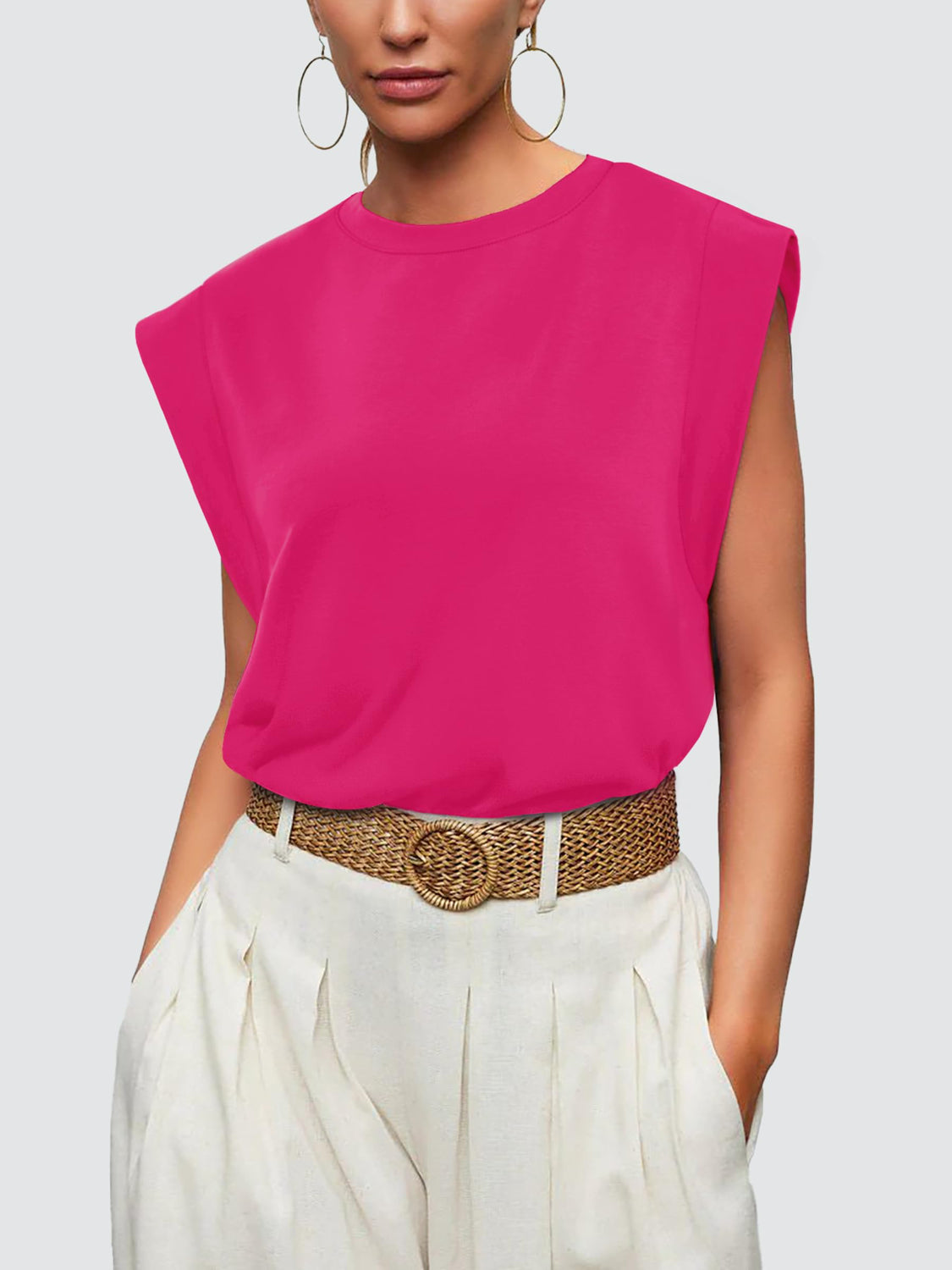 Classic Round Neck Cap Sleeve Top Hot Pink