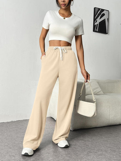 Drawstring Wide Leg Pants with Pockets Tan