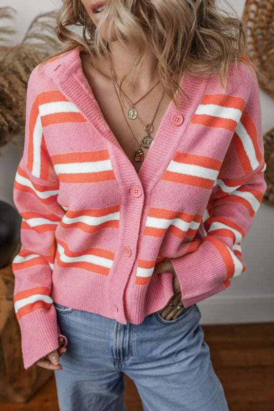 Striped Button Up Long Sleeve Cardigan Blush Pink