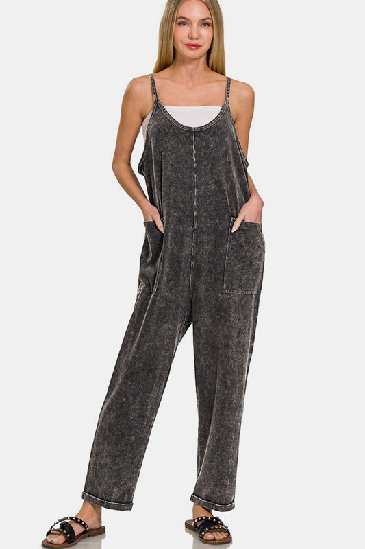 Zenana Washed Spaghetti Straps Overalls with Pockets Ash Black