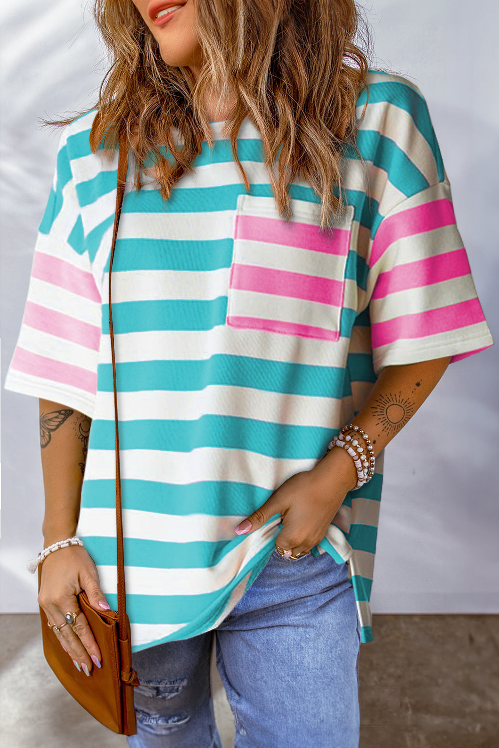 Striped Round Neck Half Sleeve T-Shirt Pastel Blue