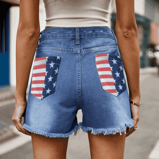 US Flag Distressed Denim Shorts Cerulean
