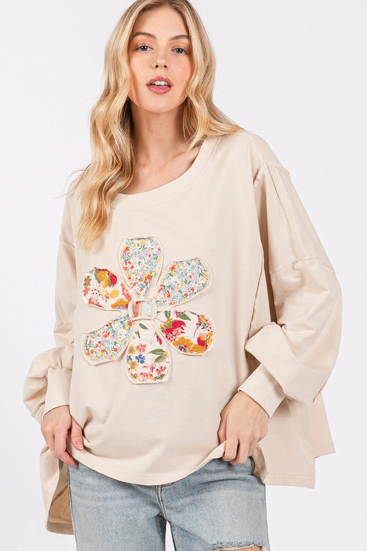 SAGE + FIG Flower Patch Dropped Shoulder Oversize Top Oatmeal