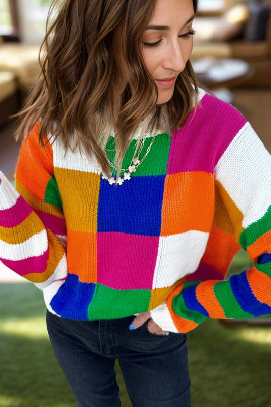 Color Block Long Sleeve Sweater Plaid