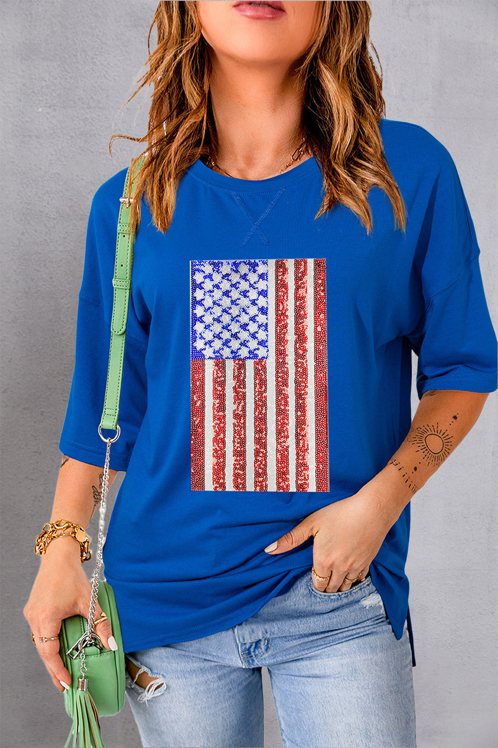 US Flag Round Neck Half Sleeve T-Shirt Royal Blue