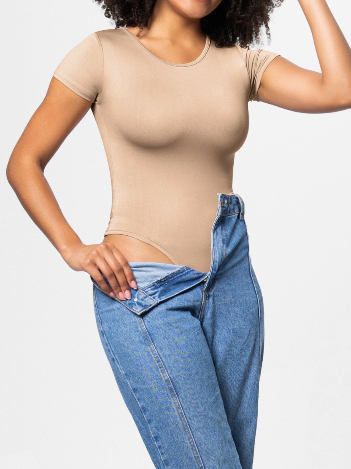 Full Size Round Neck Short Sleeve Bodysuit Tan