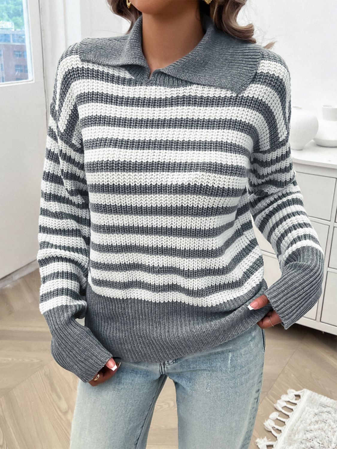 Women's Striped Sweater Collar Light Gray