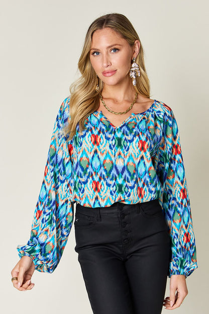 Opaque Printed Balloon Sleeve Top