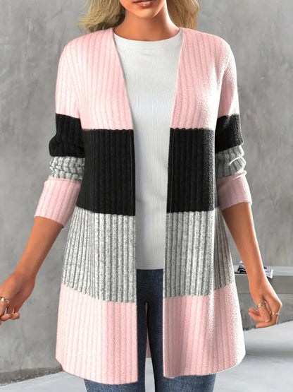 Color Block Open Front Long Sleeve Cardigan Blush Pink