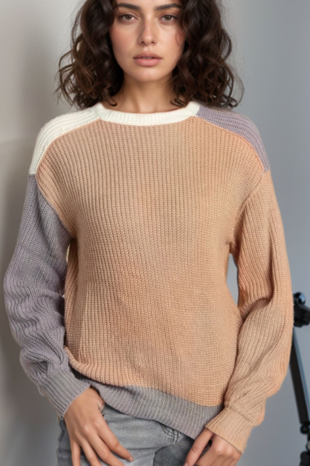 Color Block Round Neck Drop Shoulder Sweater Tan