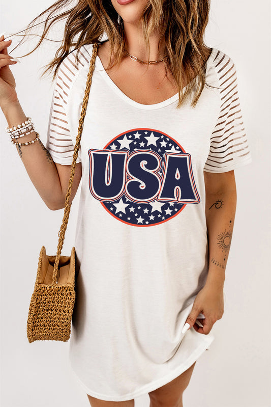 USA Sheer Striped Sleeve Tee Dress White