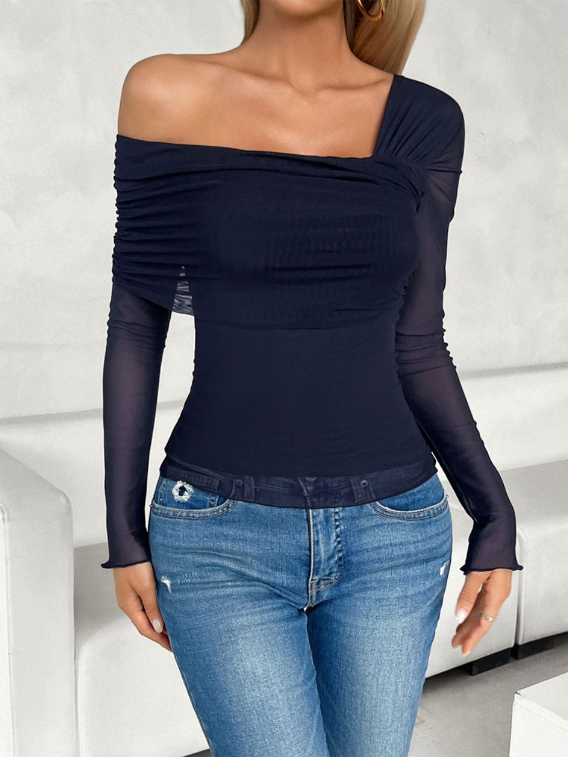 Ruched Asymmetrical Long Sleeve T-Shirt Dark Blue