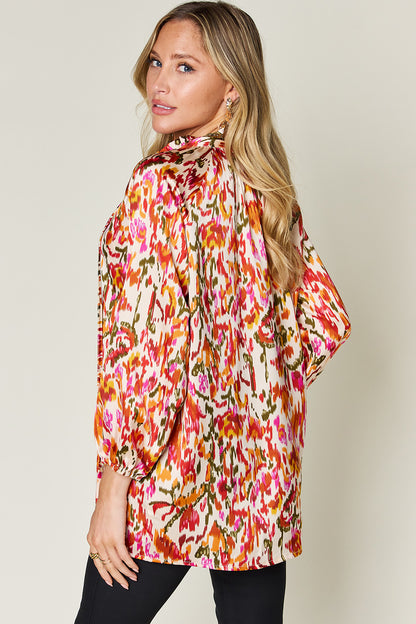 Printed Long Sleeve Button-Down Top