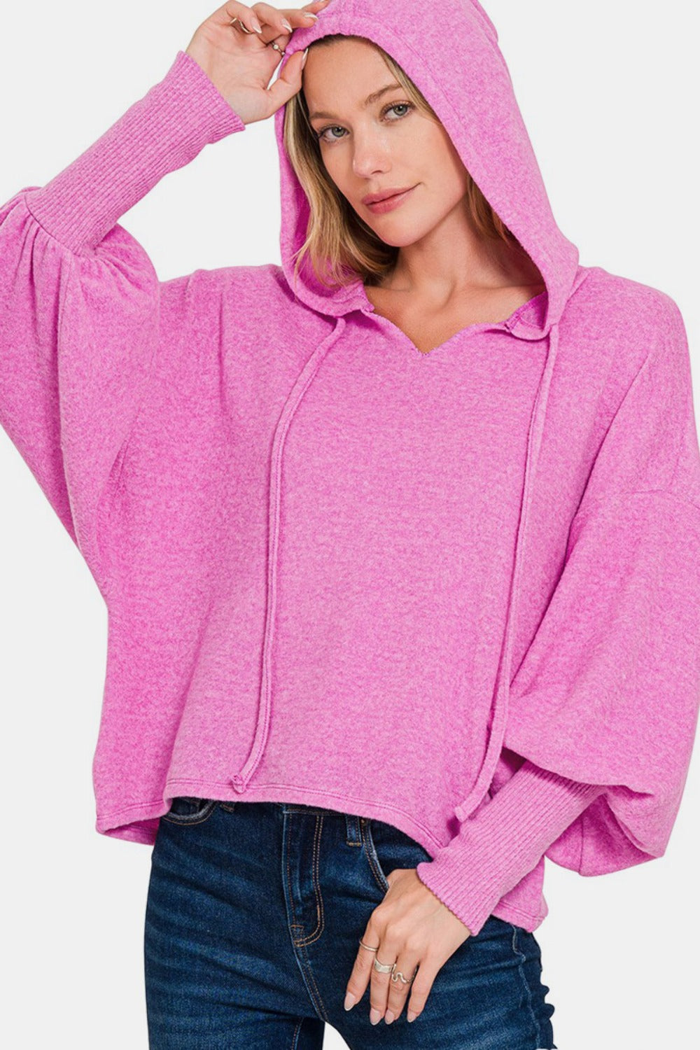 Zenana Brushed Hacci Drop Shoulder Cropped Hoodie Bright Mauve