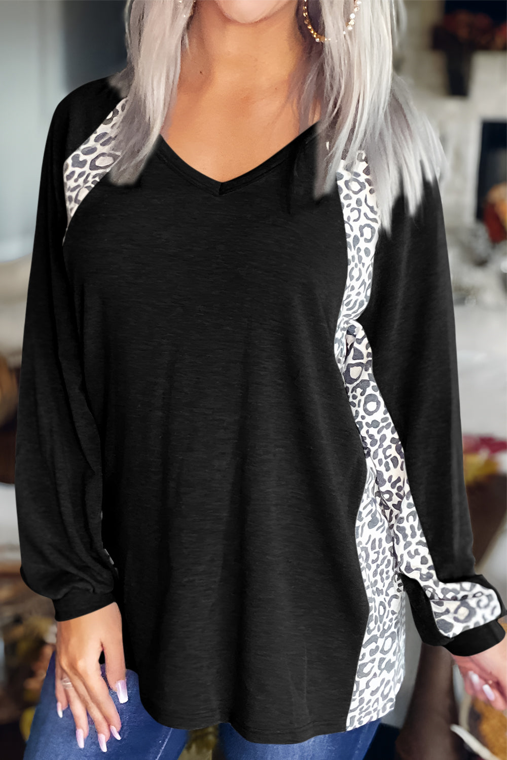 Full Size Leopard V-Neck Long Sleeve T-Shirt Black