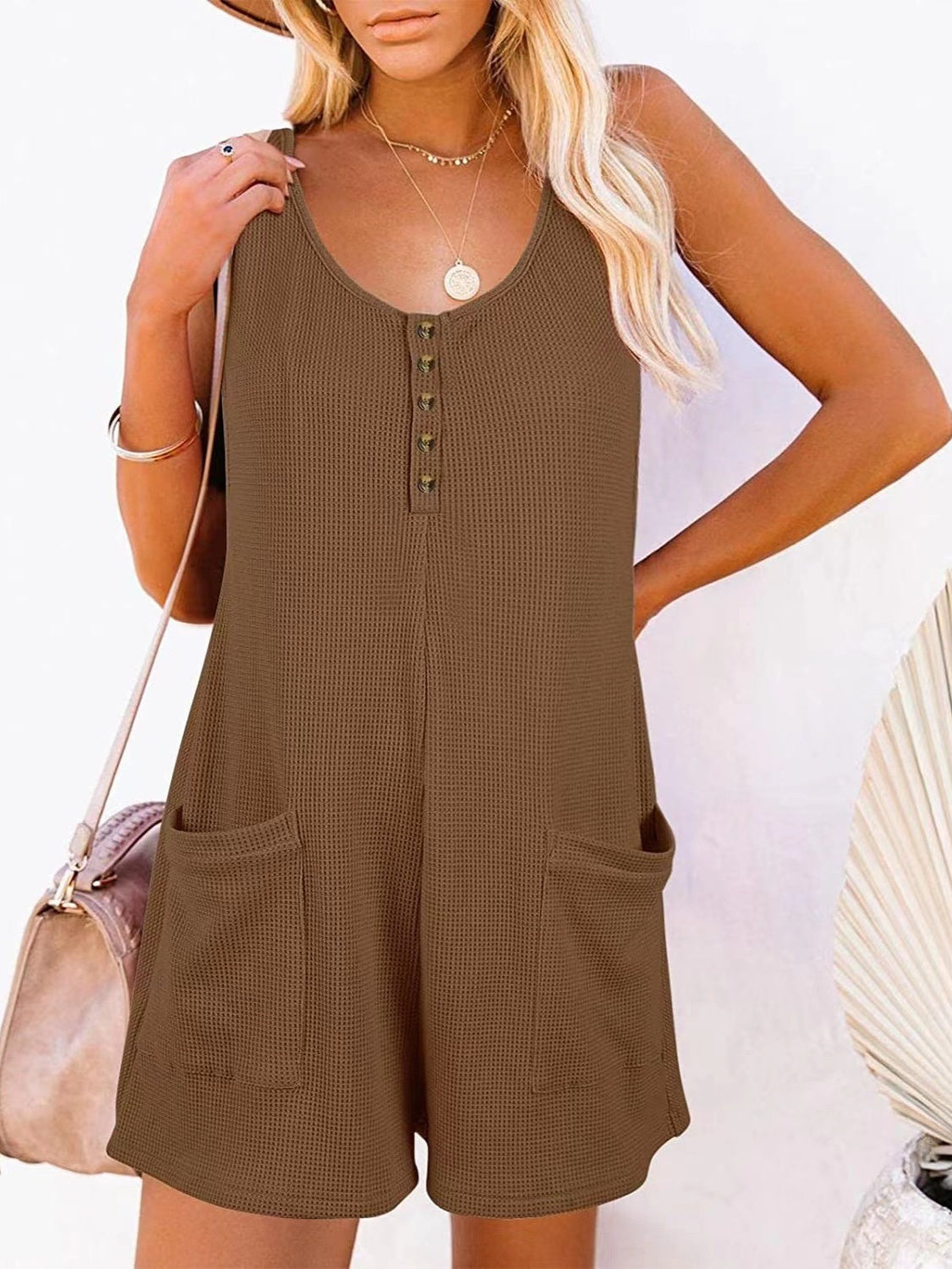 Button Front Sleeveless Romper with Pockets Taupe