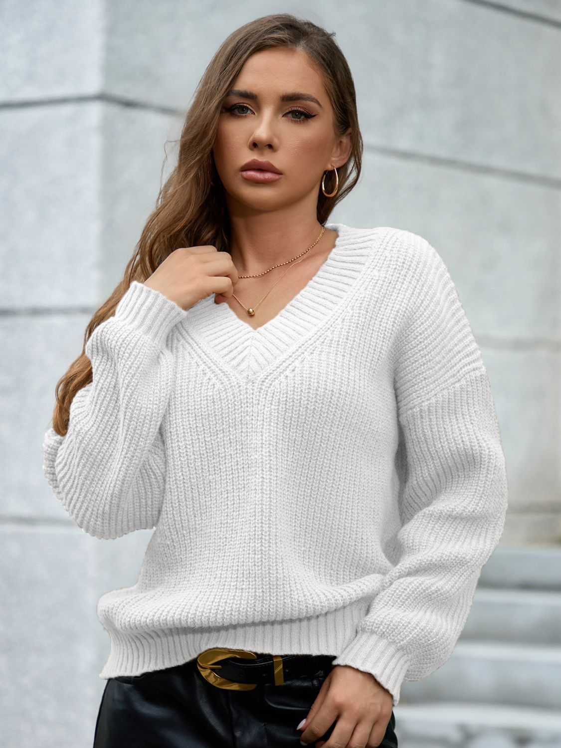 V-Neck Dropped Shoulder Long Sleeve Sweater White