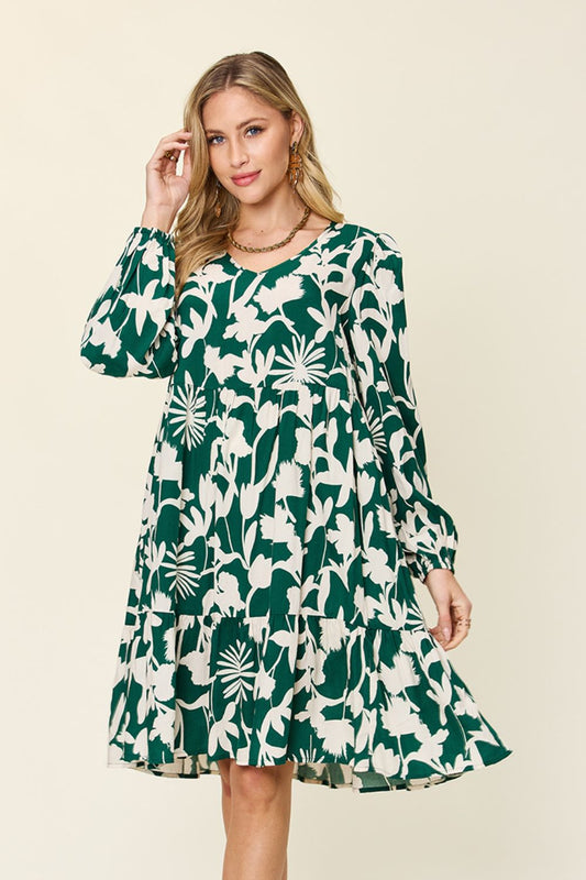 Printed Ruffle Hem Long Sleeve Rayon Dress Green