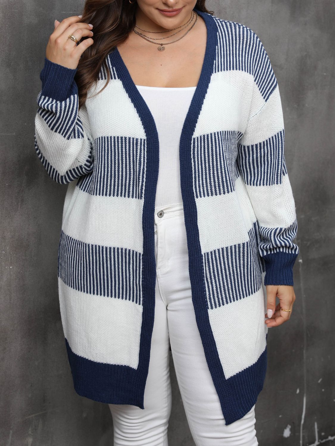 Plus Size Open Front Long Sleeve Cardigan Dark Navy