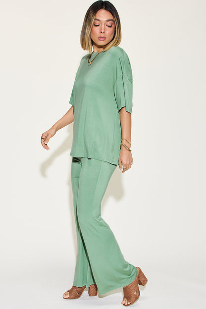 Comfy Bamboo Drop Shoulder Tee & Flare Pants Set