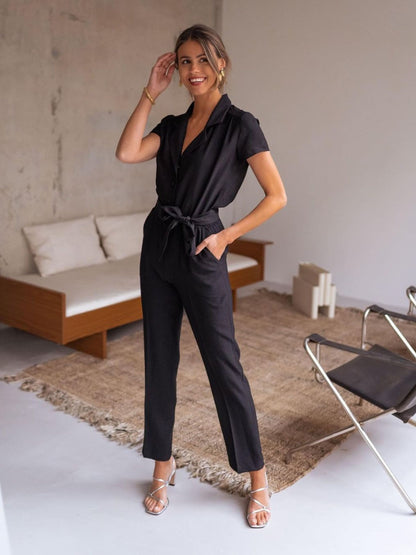 Tied Collared Neck Short Sleeve Jumpsuit