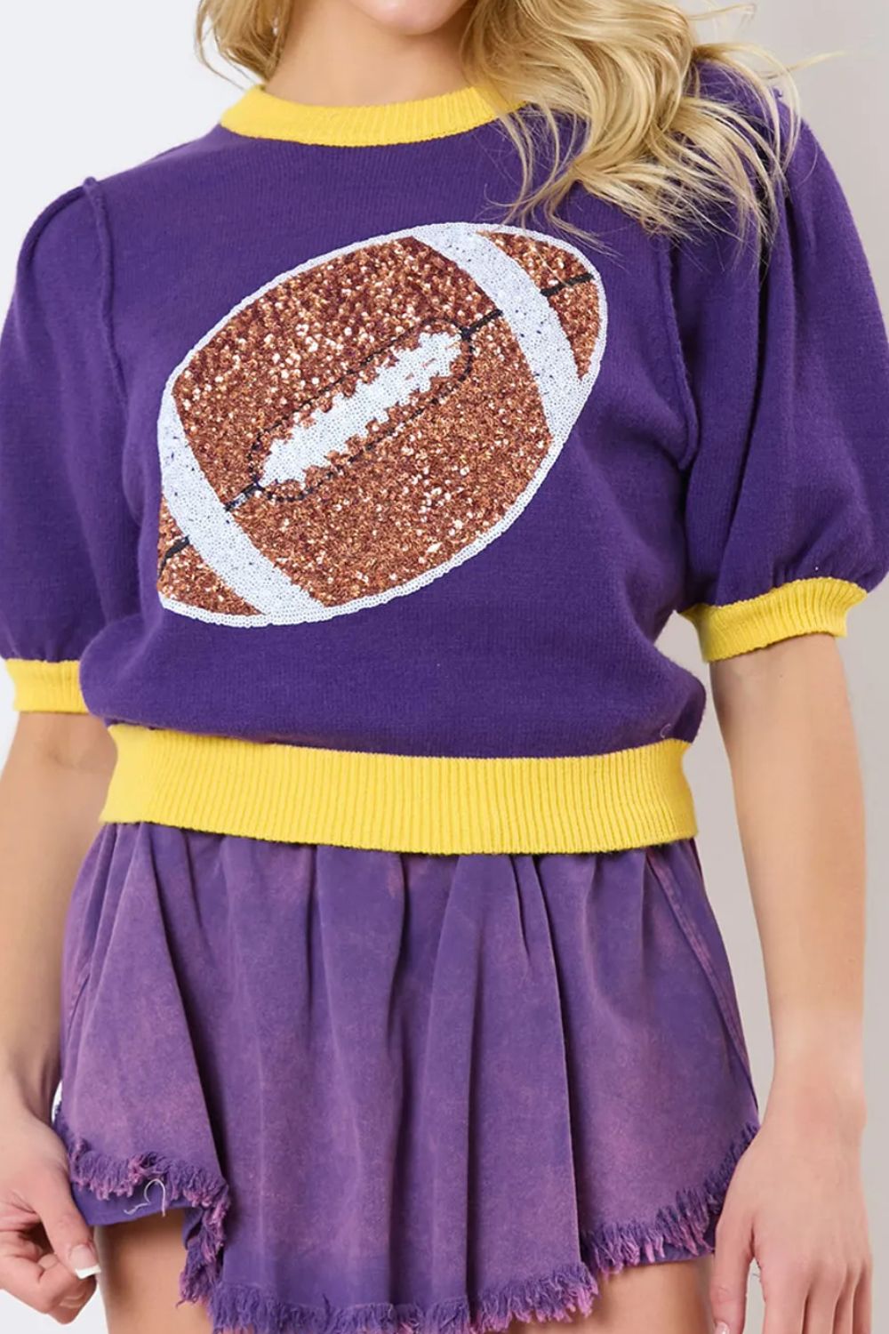 Sequin Football Round Neck Short Sleeve Top Violet