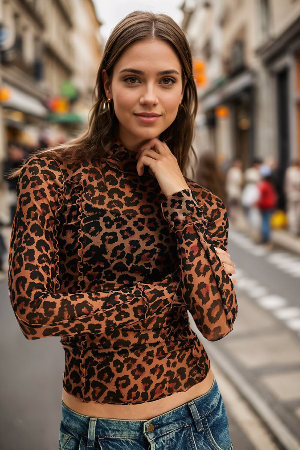 Oh Full Size Frill Printed Mock Neck Long Sleeve Top Leopard