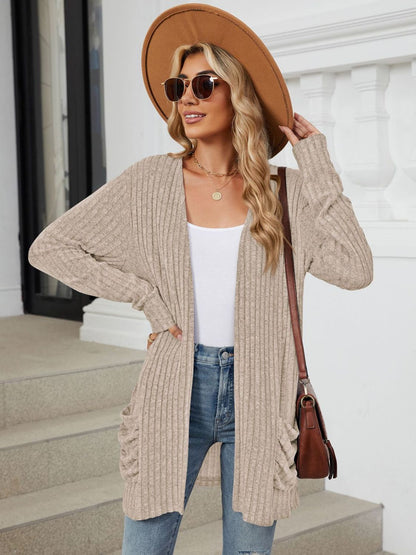 Pocketed Open Front Long Sleeve Cardigan Khaki