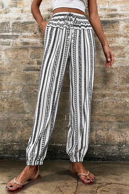 Printed Elastic Waist Pants Stripe