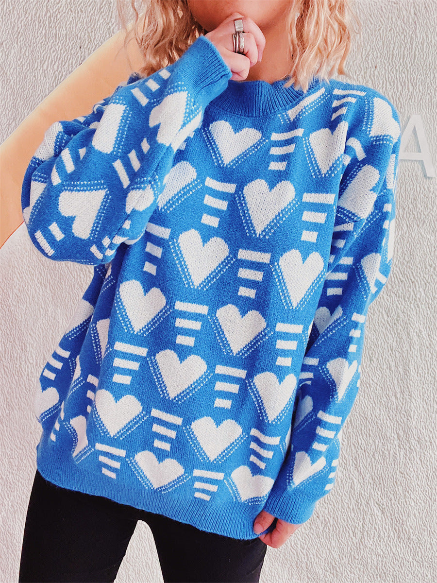 Heart Contrast Long Sleeve Dropped Shoulder Sweater Blue One Size