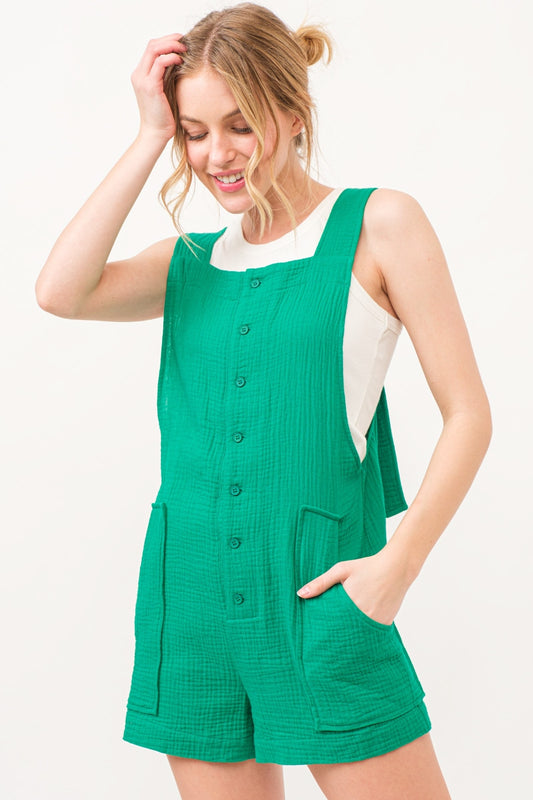 And The Why Button Up Tie Back Sleeveless Romper Green