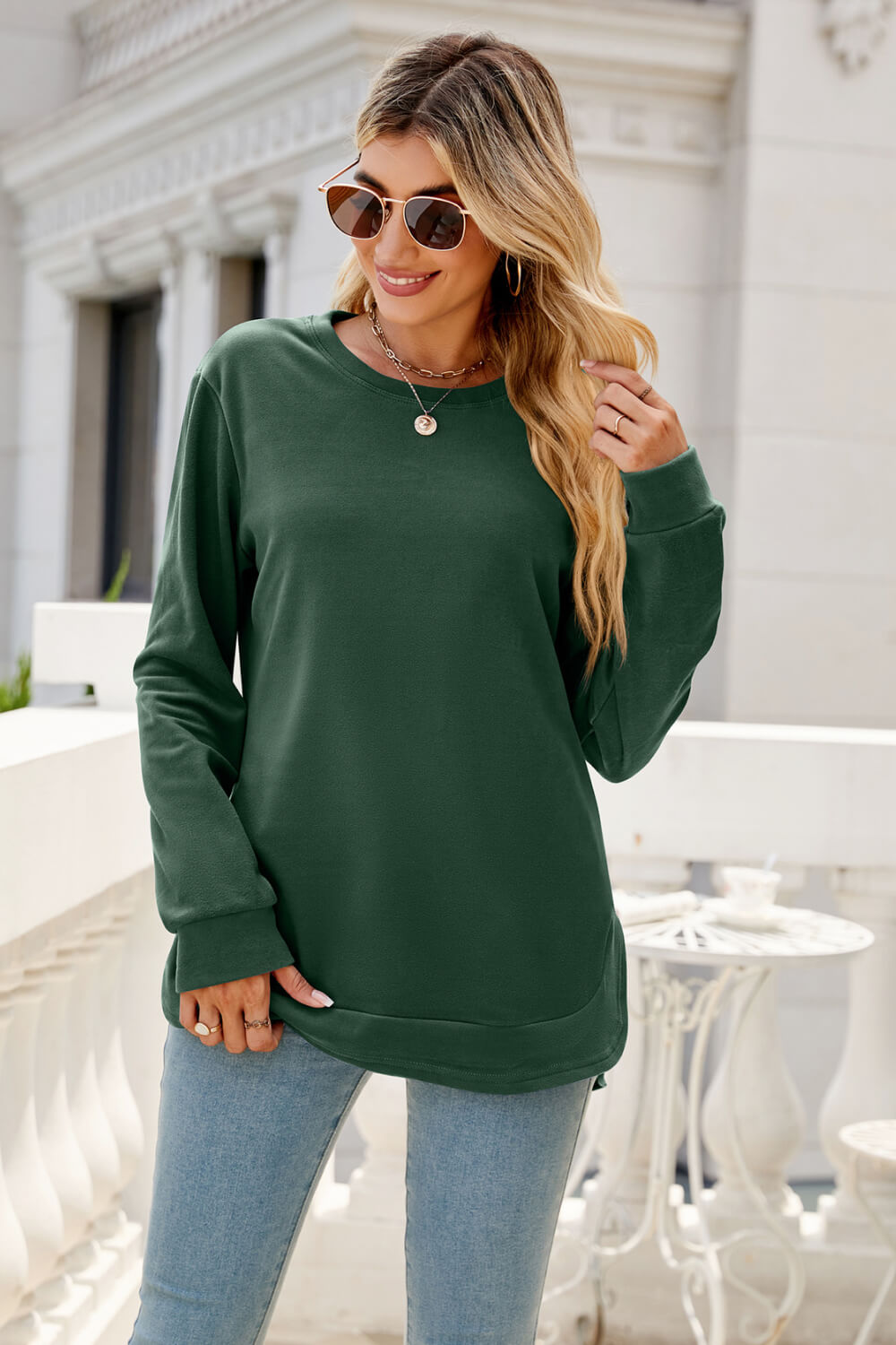 Round Neck Slit Tunic Top Green