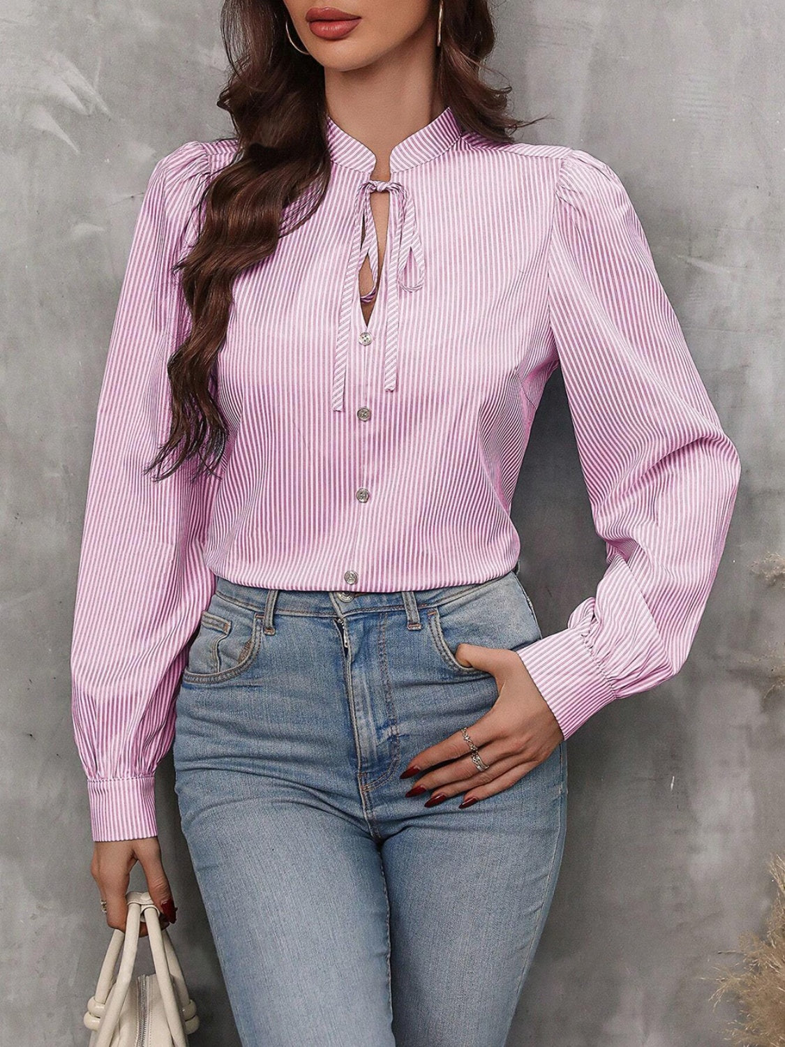 Striped Tie Neck Long Sleeve Blouse Pink