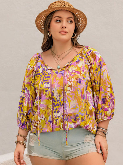 Plus Size Printed Tie Neck Blouse Moonlit Mauve