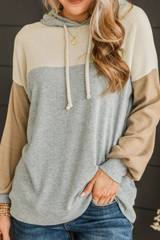 Drawstring Color Block Long Sleeve Hoodie Light Gray