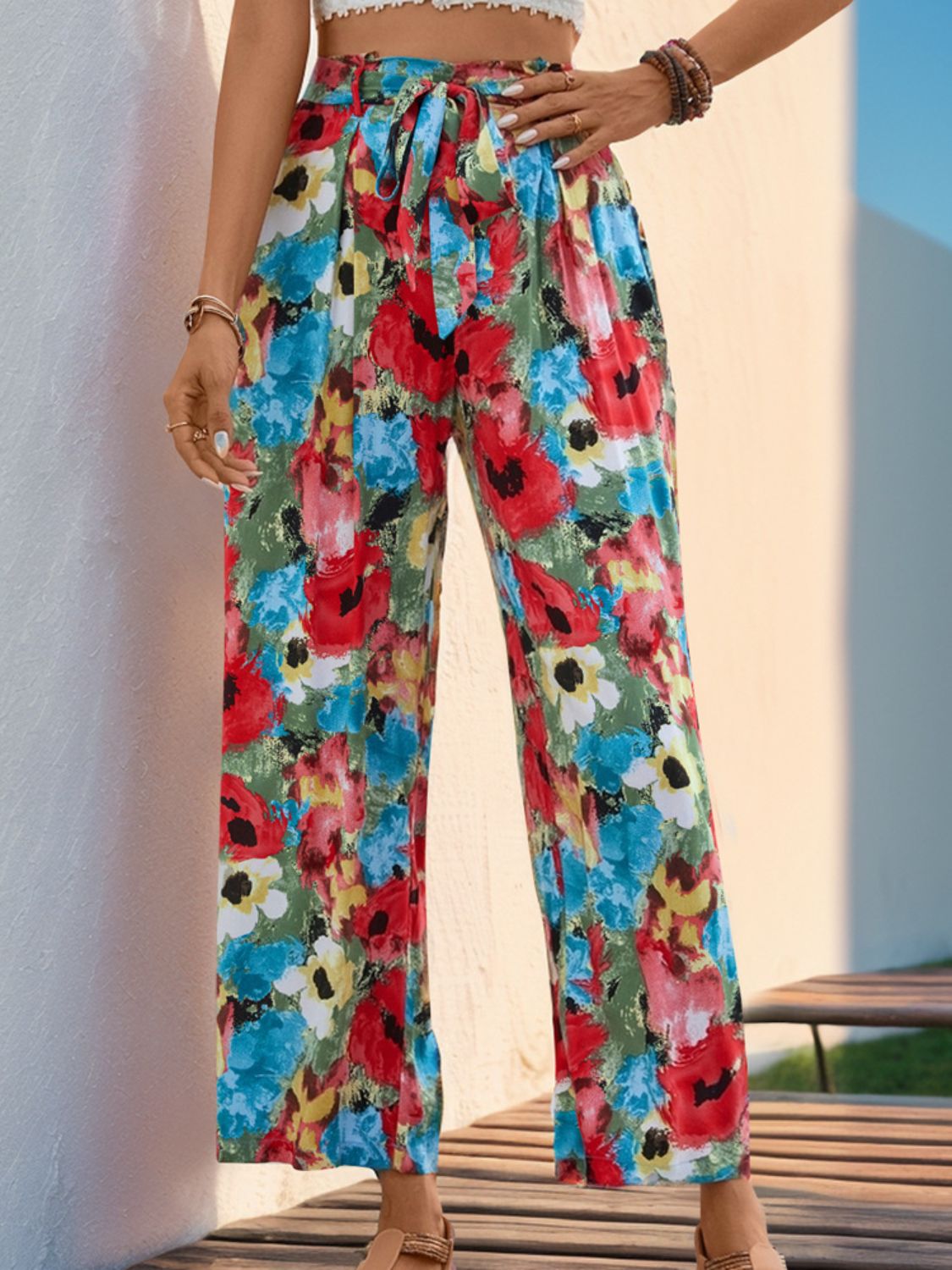 Tied Printed Wide Leg Pants Multicolor