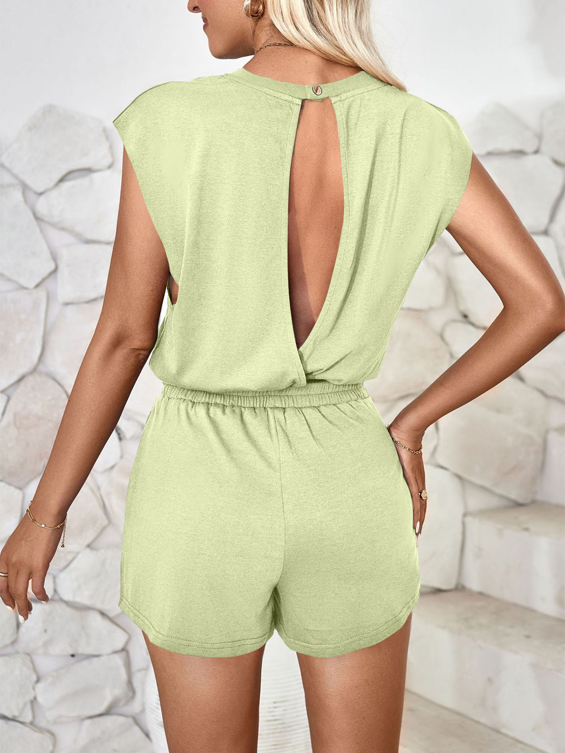 Cutout Round Neck Cap Sleeve Romper Light Green