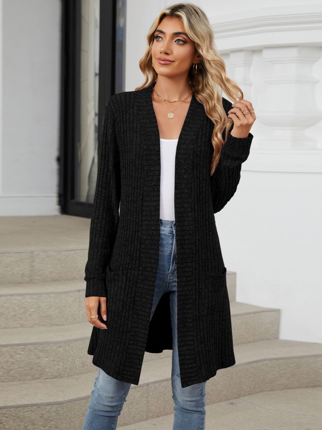 Open Front Long Sleeve Cardigan Black