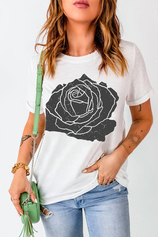Rose Graphic Round Neck Short Sleeve T-Shirt White