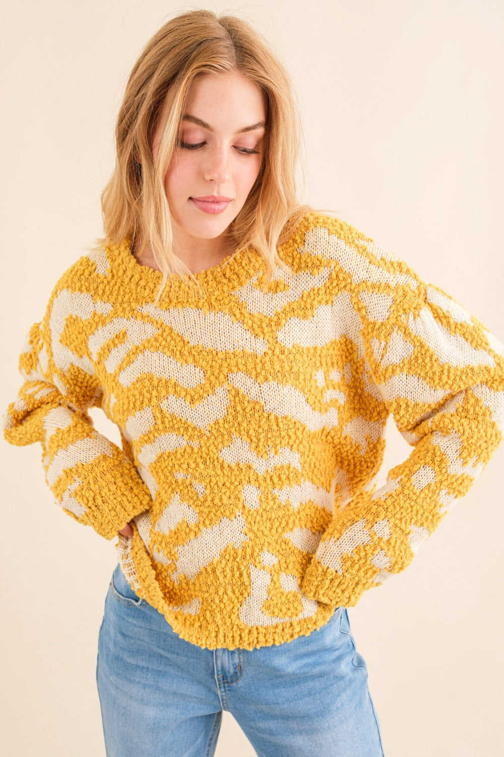 And The Why Full Size Textured Pattern Contrast Sweater Mustard