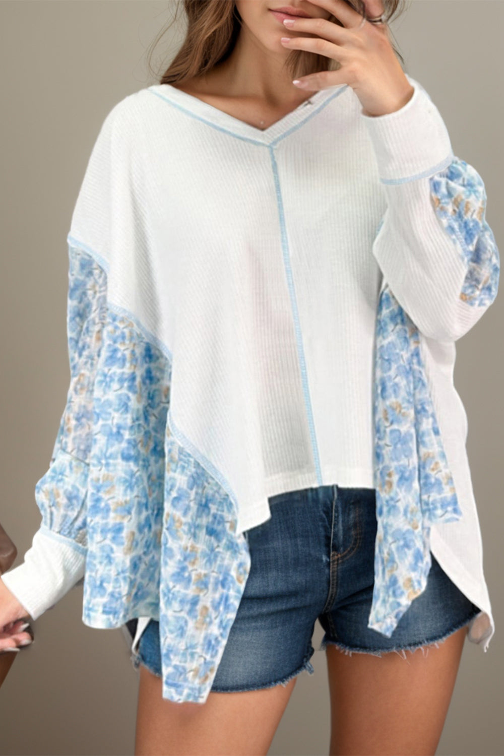 Printed V-Neck Long Sleeve Blouse White