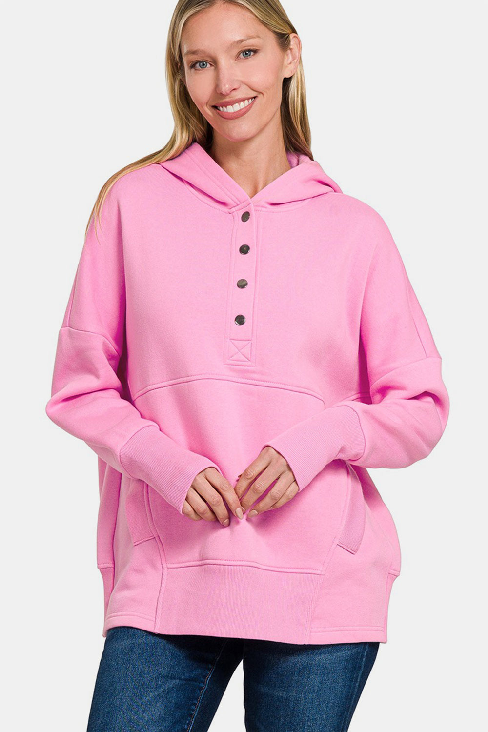 Zenana Half Snap Long Sleeve Hoodie with Kangaroo Pocket Fuchsia Pink