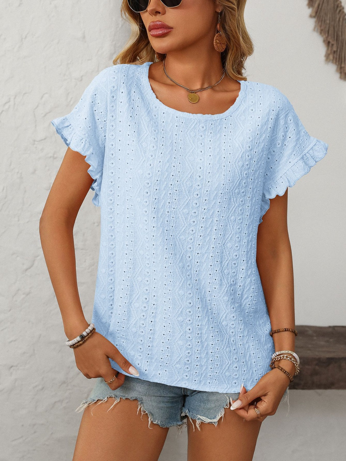 Mandy Eyelet Round Neck Short Sleeve Top Light Blue