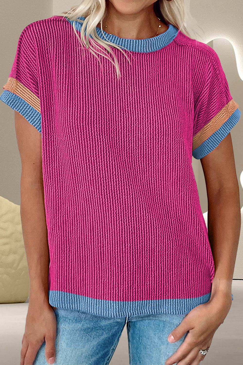 Color Block Round Neck Cap Sleeve T-Shirt Cerise