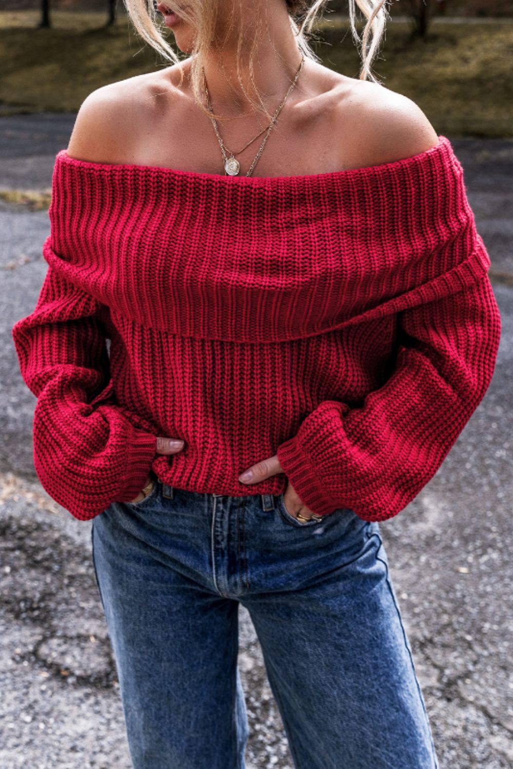 Off-Shoulder Long Sleeve Sweater Deep Red