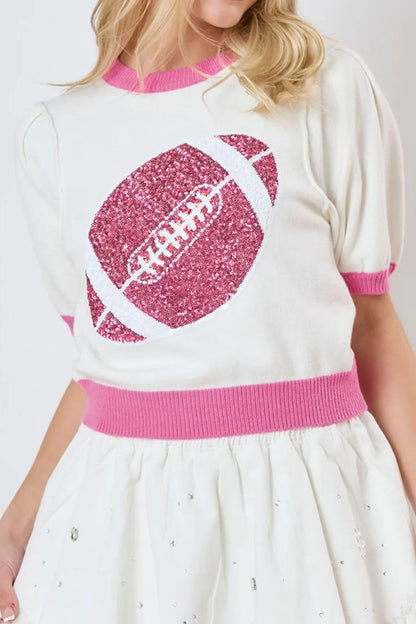 Sequin Football Round Neck Short Sleeve Top White